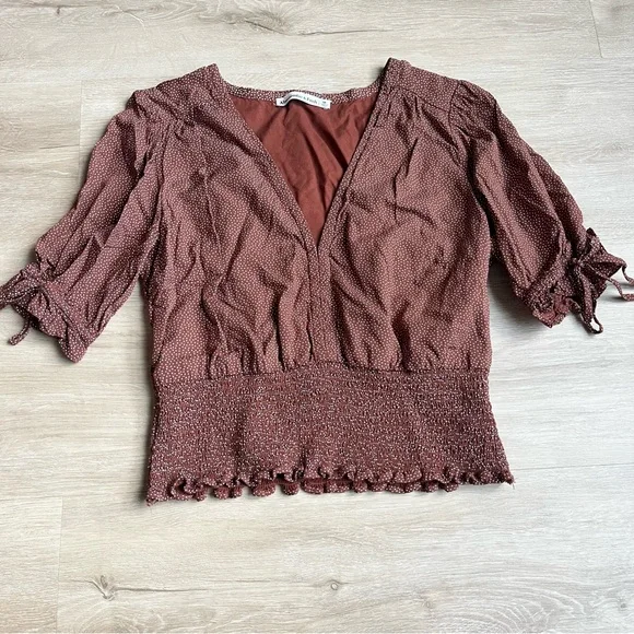Abercrombie & Fitch Brown White Polka Dot V Neck Smocked Shirt Women's SZ M - Picture 2 of 6